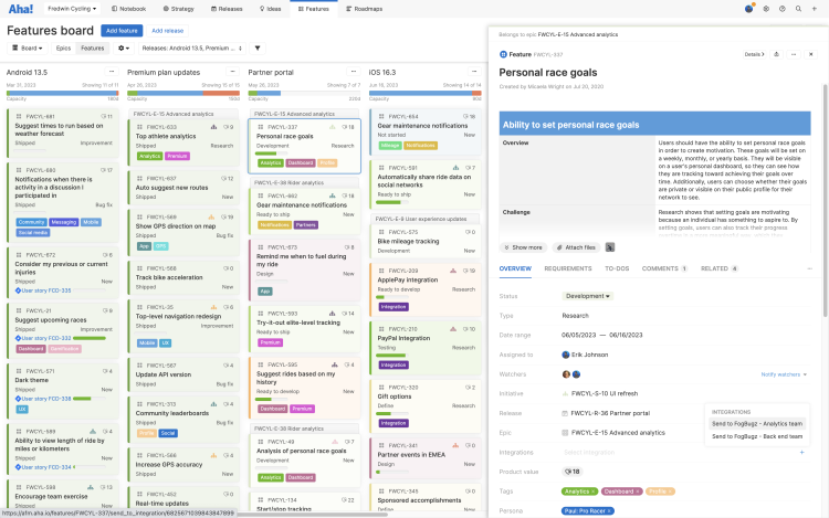 Features board with Fogbugz integration dropdown