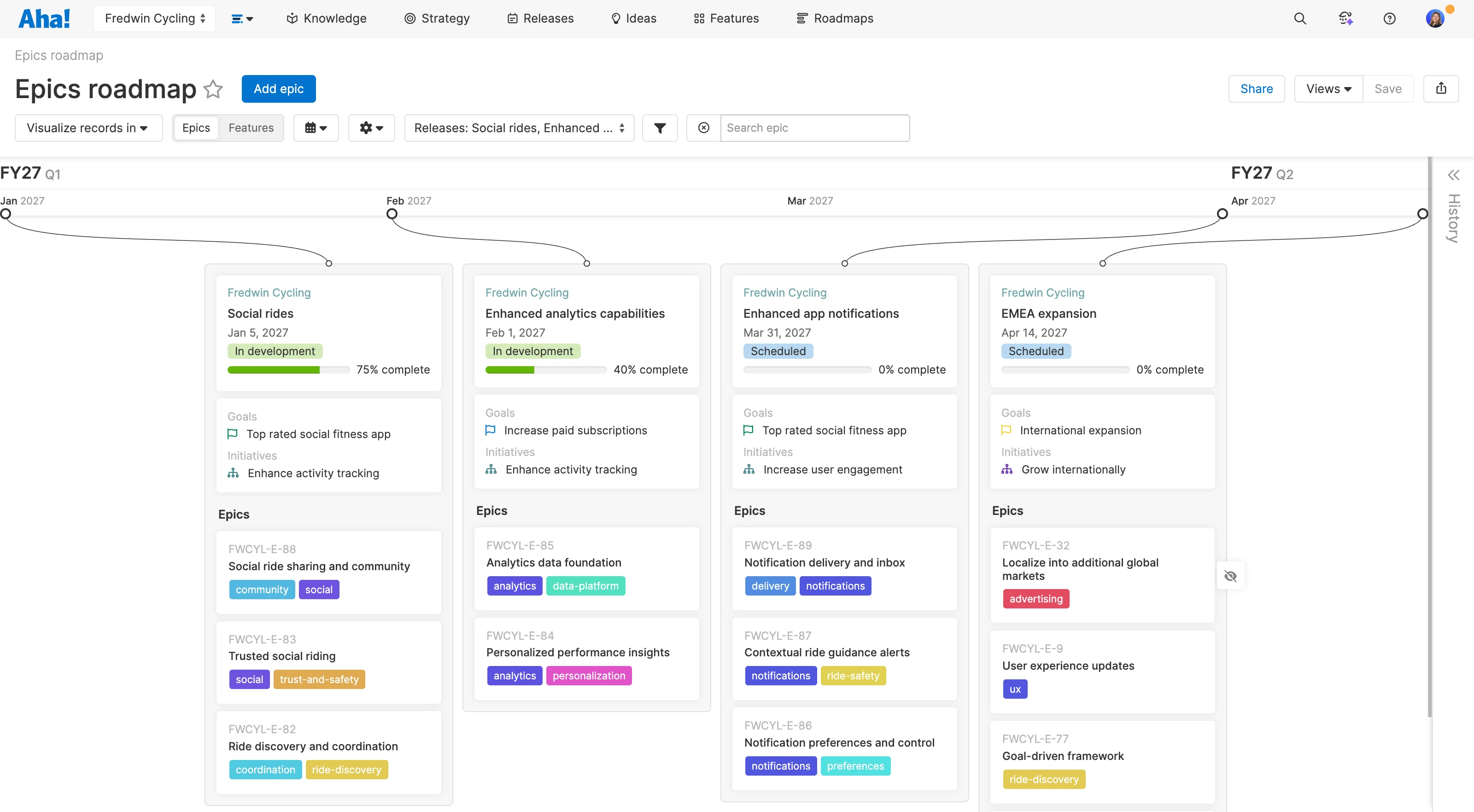 An example of an epics roadmap in Aha! software