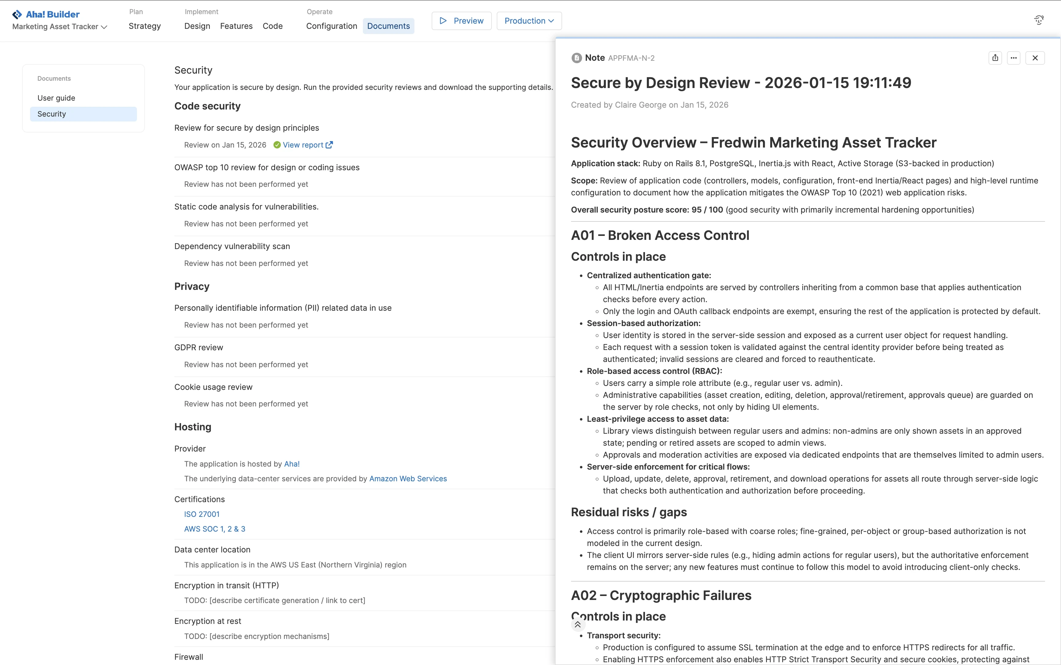 A security review note on a feature built with Aha! Builder