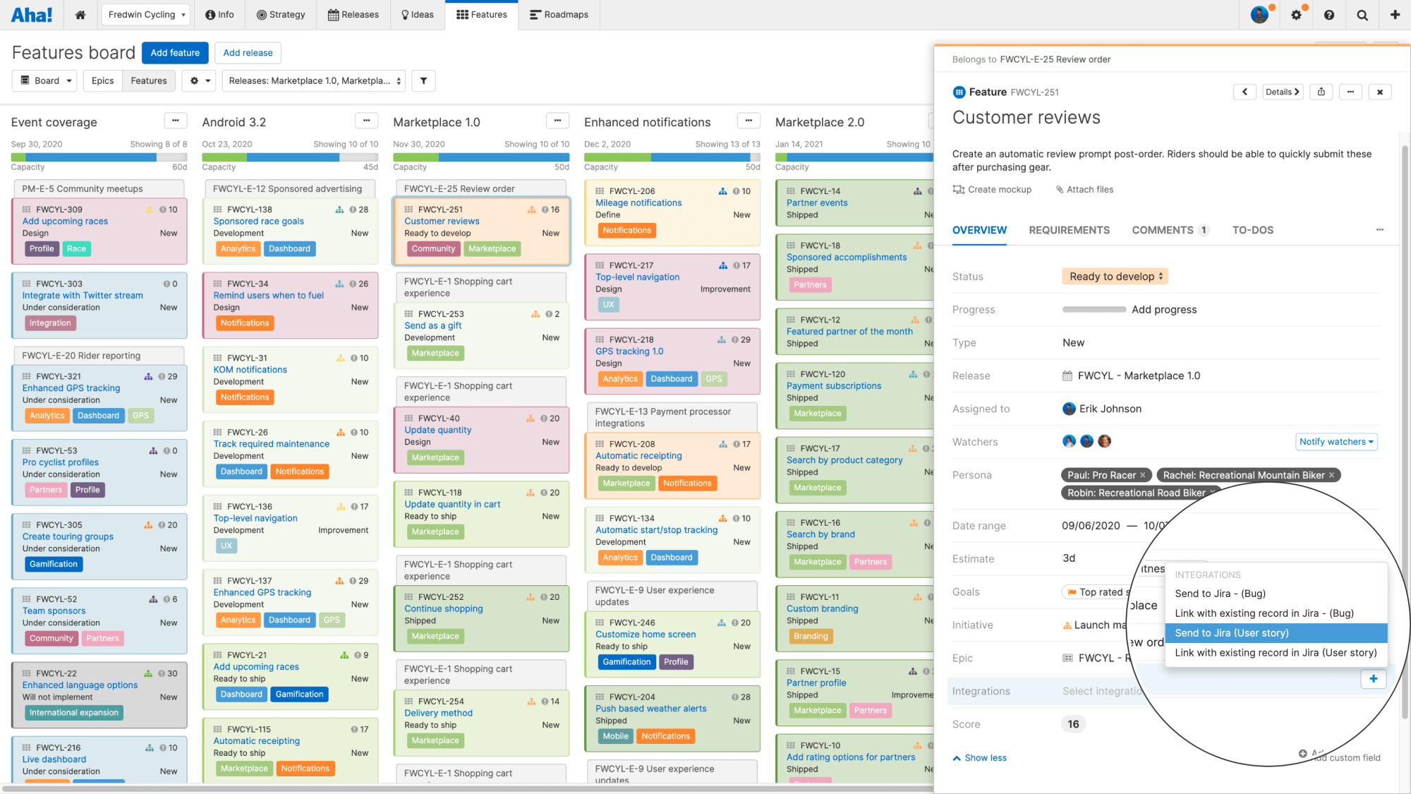 A feature drawer open in front of the features board with the send to Jira integration field open.