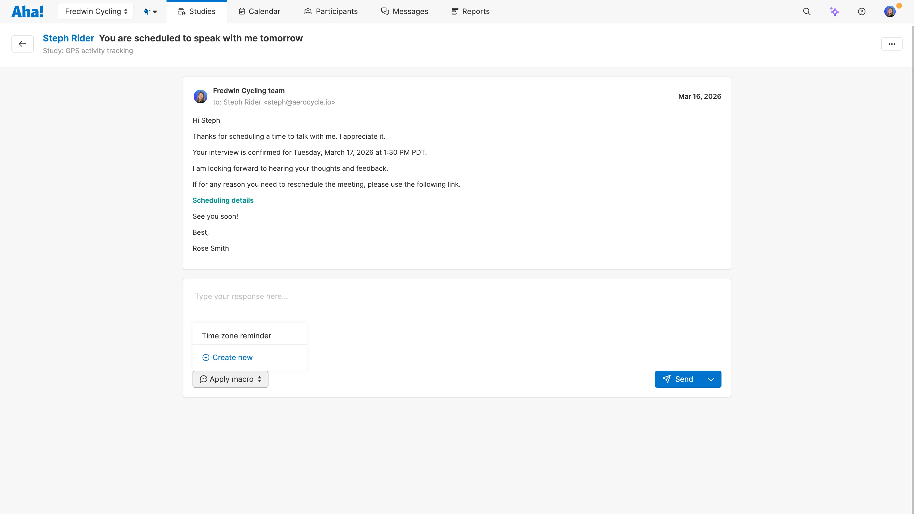 Email confirmation macro in Aha! Discovery.