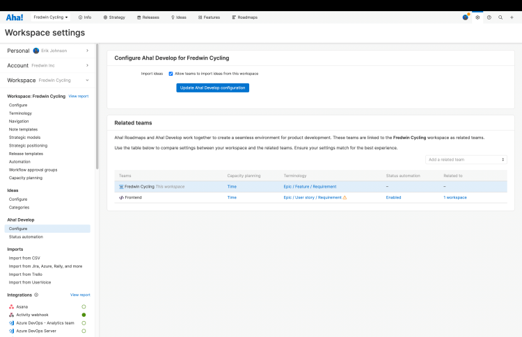 Workspace settings showing the Aha! Develop integration configuration.