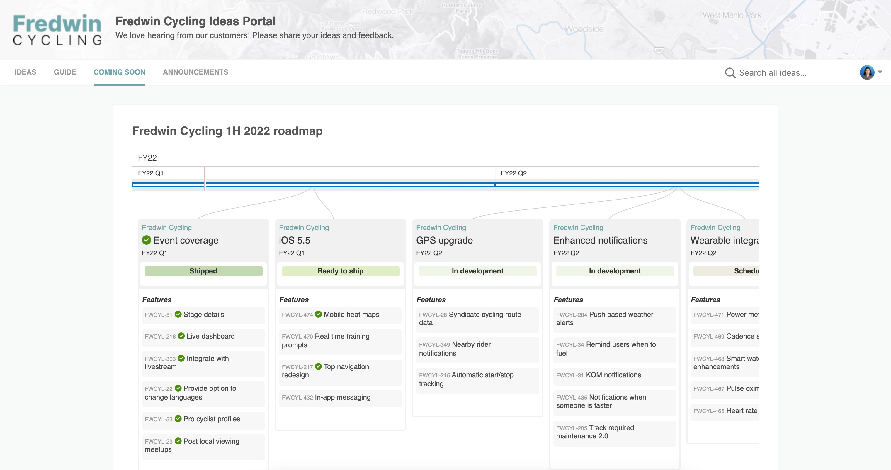 Share visual roadmaps with customers via ideas portals