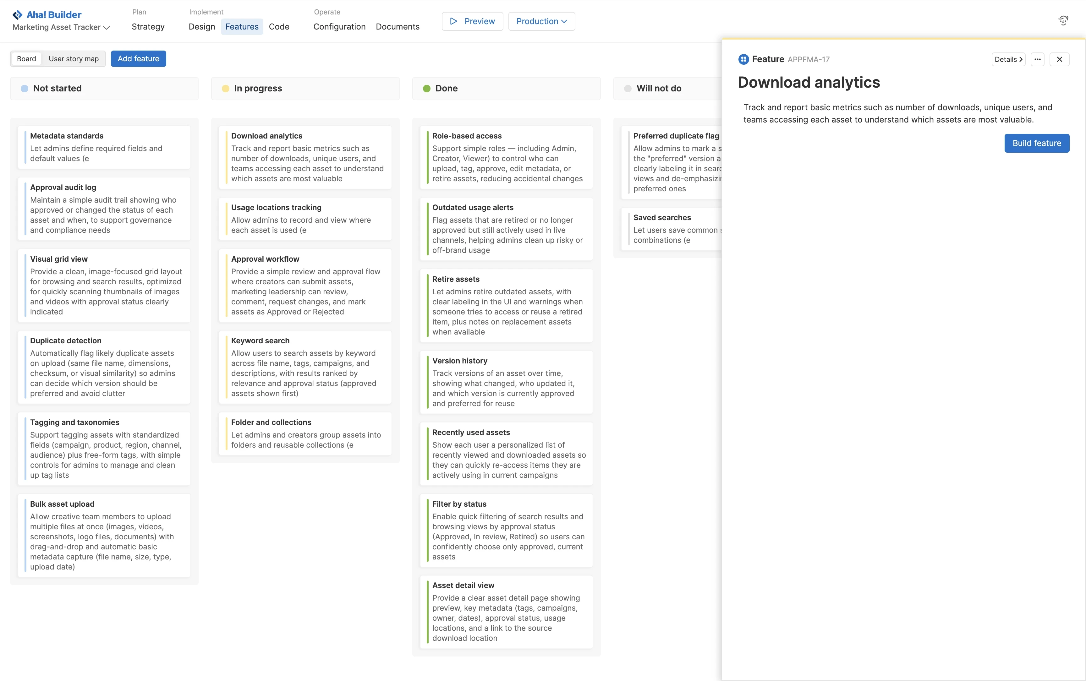Features in progress in Aha! Builder