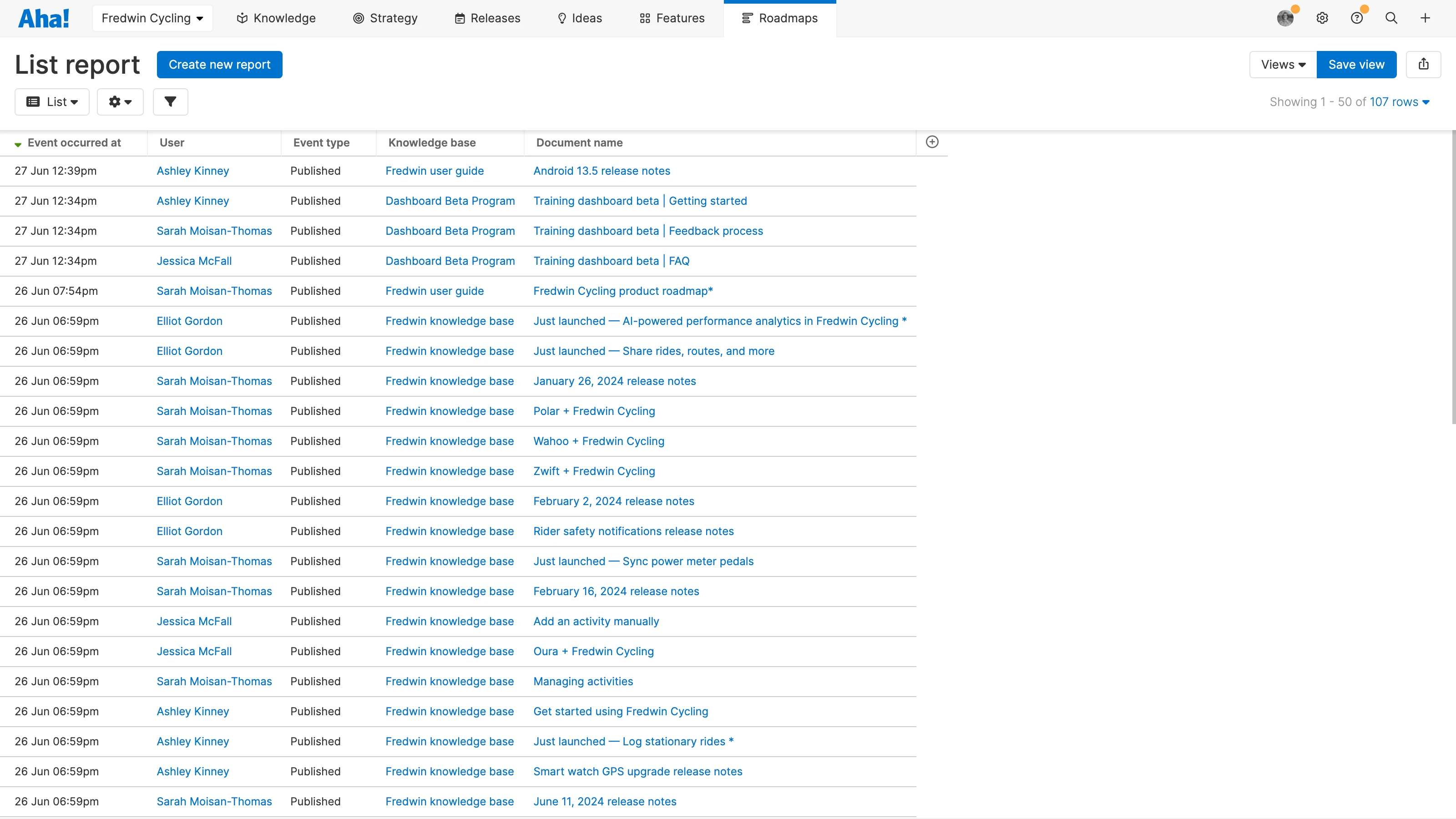a list report of knowledge base publishing events
