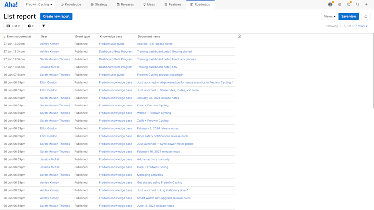 a list report of knowledge base publishing events
