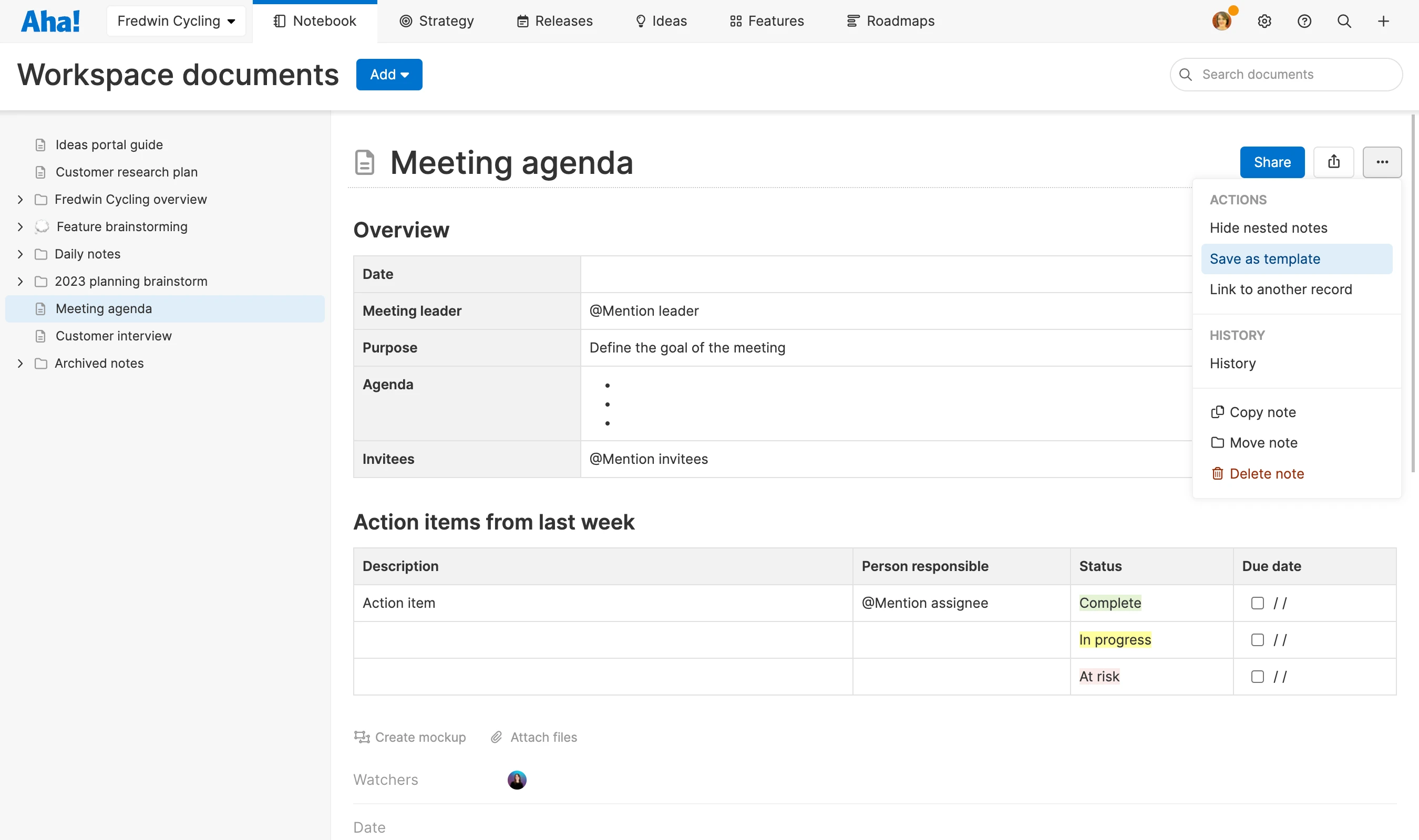 Workspace note with more options menu open and Save as template highlighted.