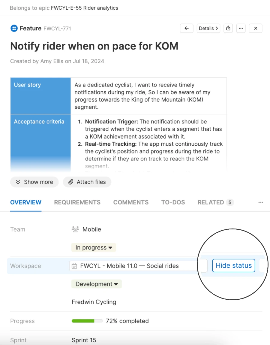 A feature in Aha! Develop with the Hide status button highlighted by the Roadmaps Workspace info