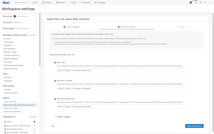 Workspace-level development tool importer on the Choose record types step showing the default JQL filters.