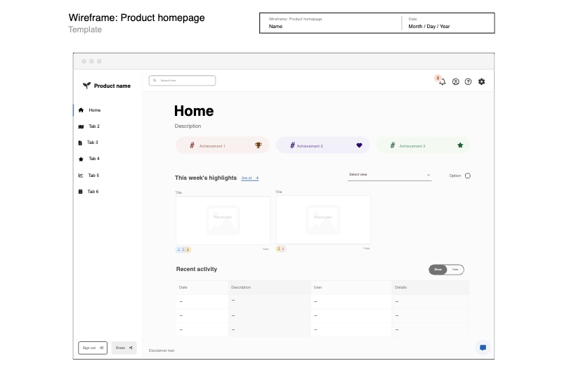 Product homepage wireframe