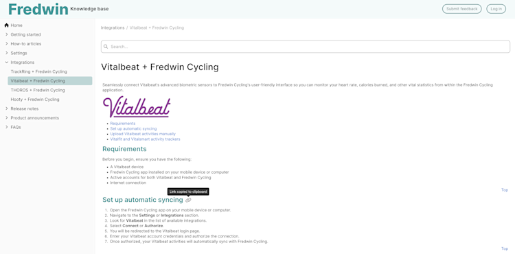 A knowledge base page with a screentip next to a heading that says "Link copied to clipboard" with a link symbol higlighted