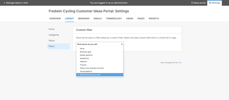 Ideas portal settings open to custom filter settings