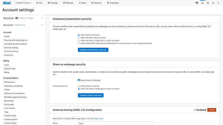 Enable SSO for shared webpages in Aha! Roadmaps.