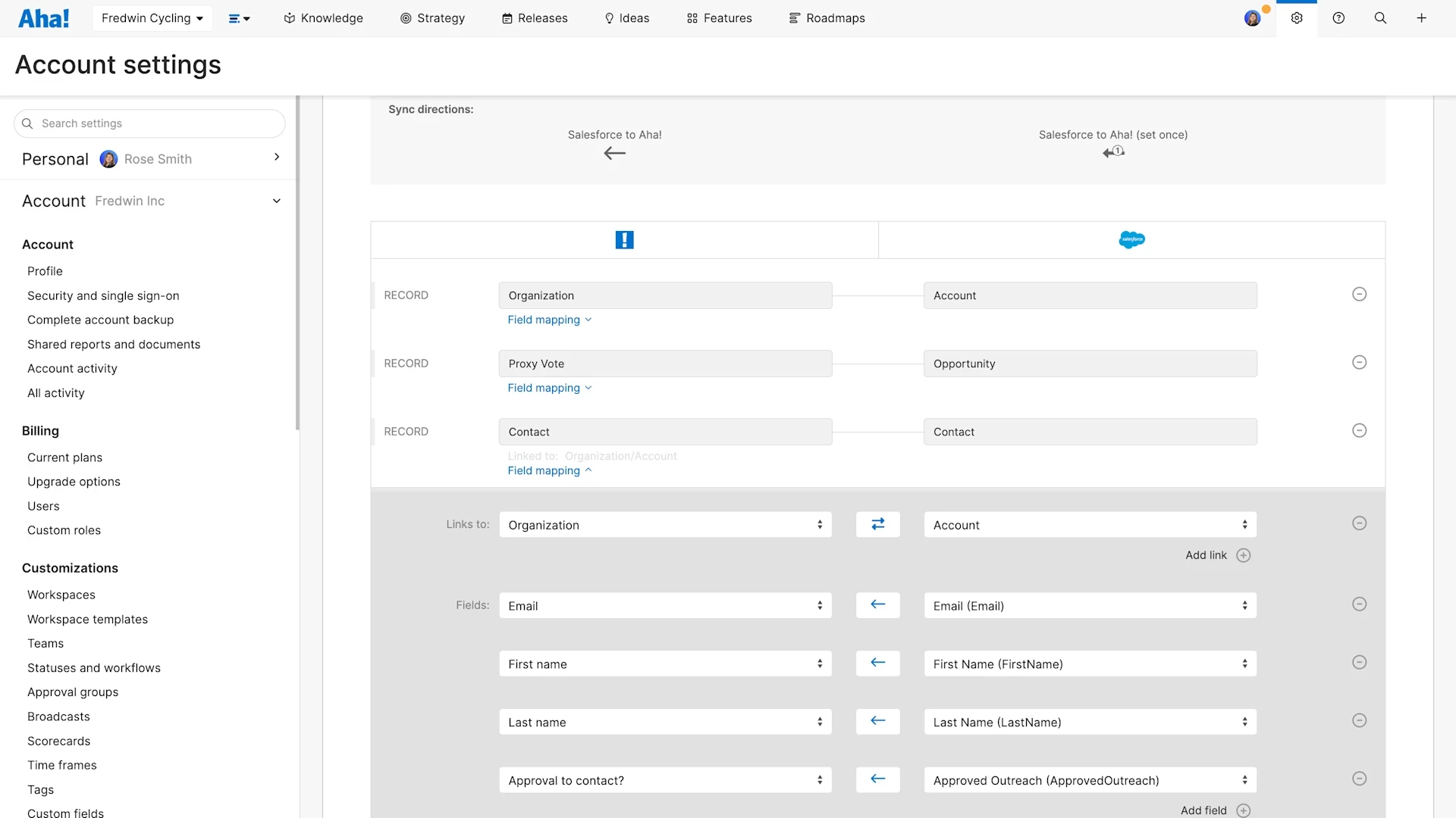 Map contact data from Salesforce into Aha! Discovery