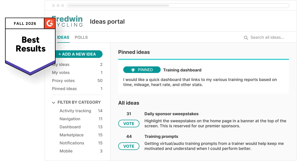 Aha! Ideas portal with G2 Best Results badge
