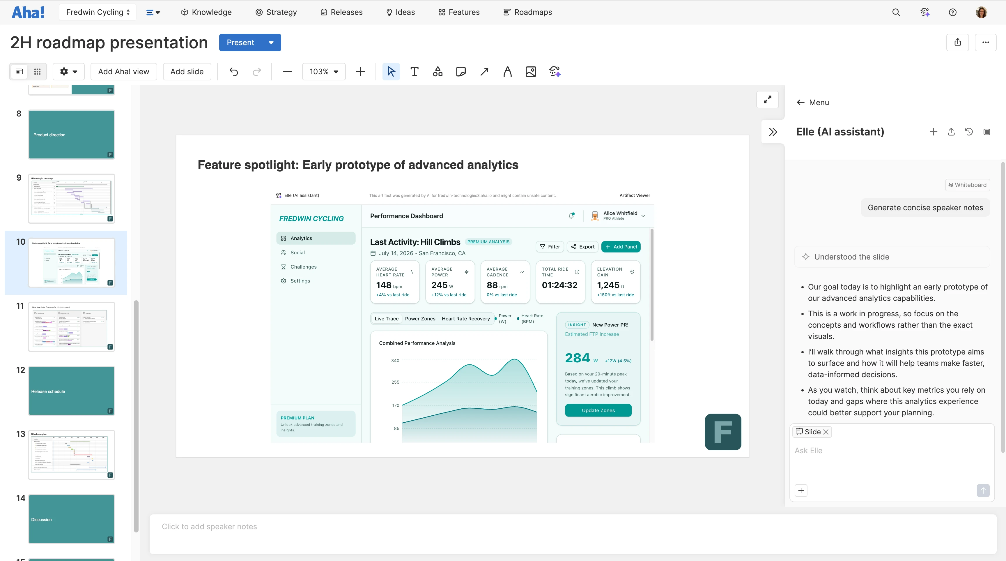 The AI assistant in presentations in Aha! Roadmaps