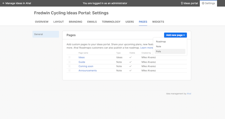 Add a polls page to your ideas portal in Aha! Ideas.