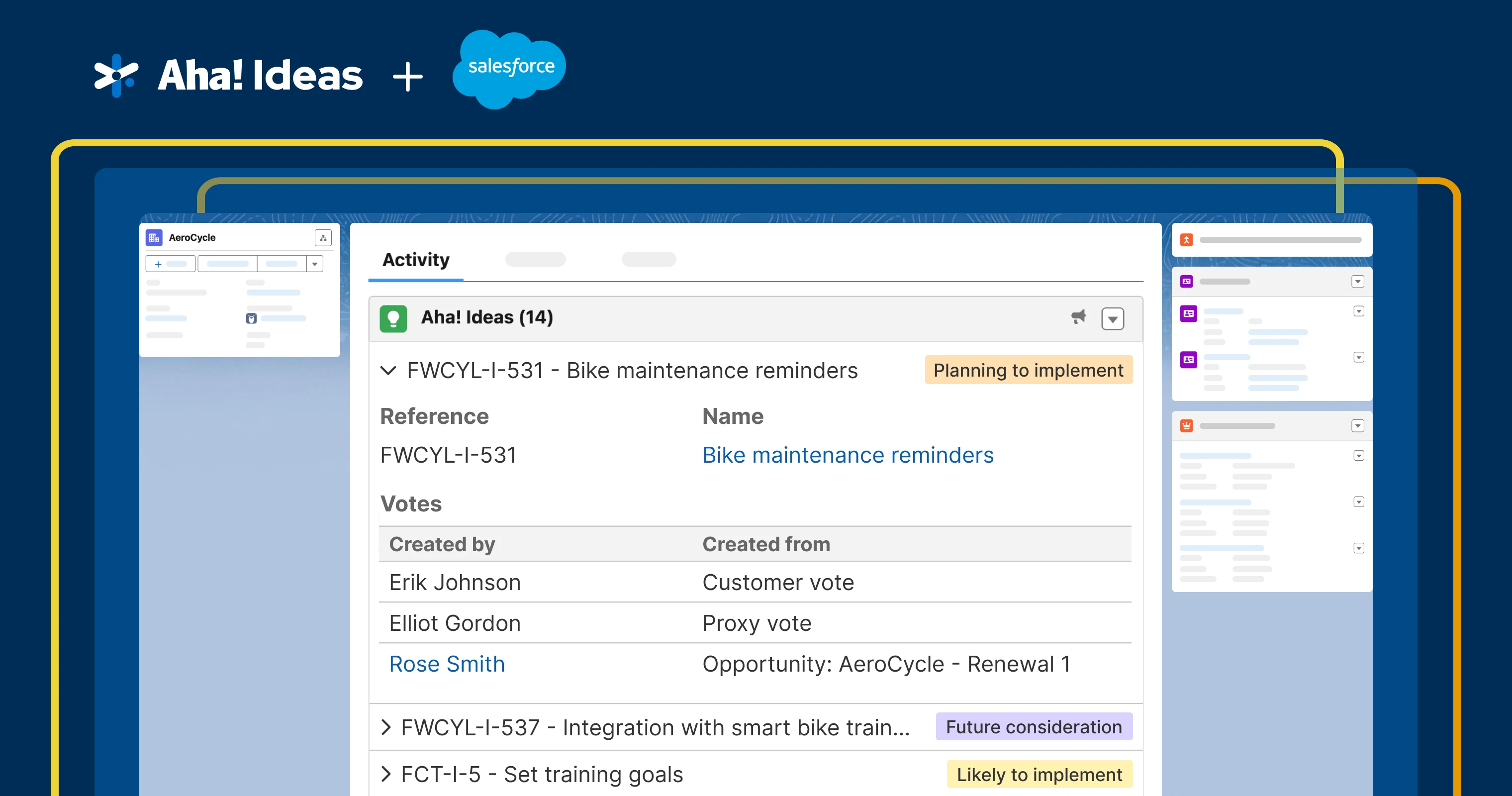 The Salesforce interface open to an account showing Aha! Ideas activity