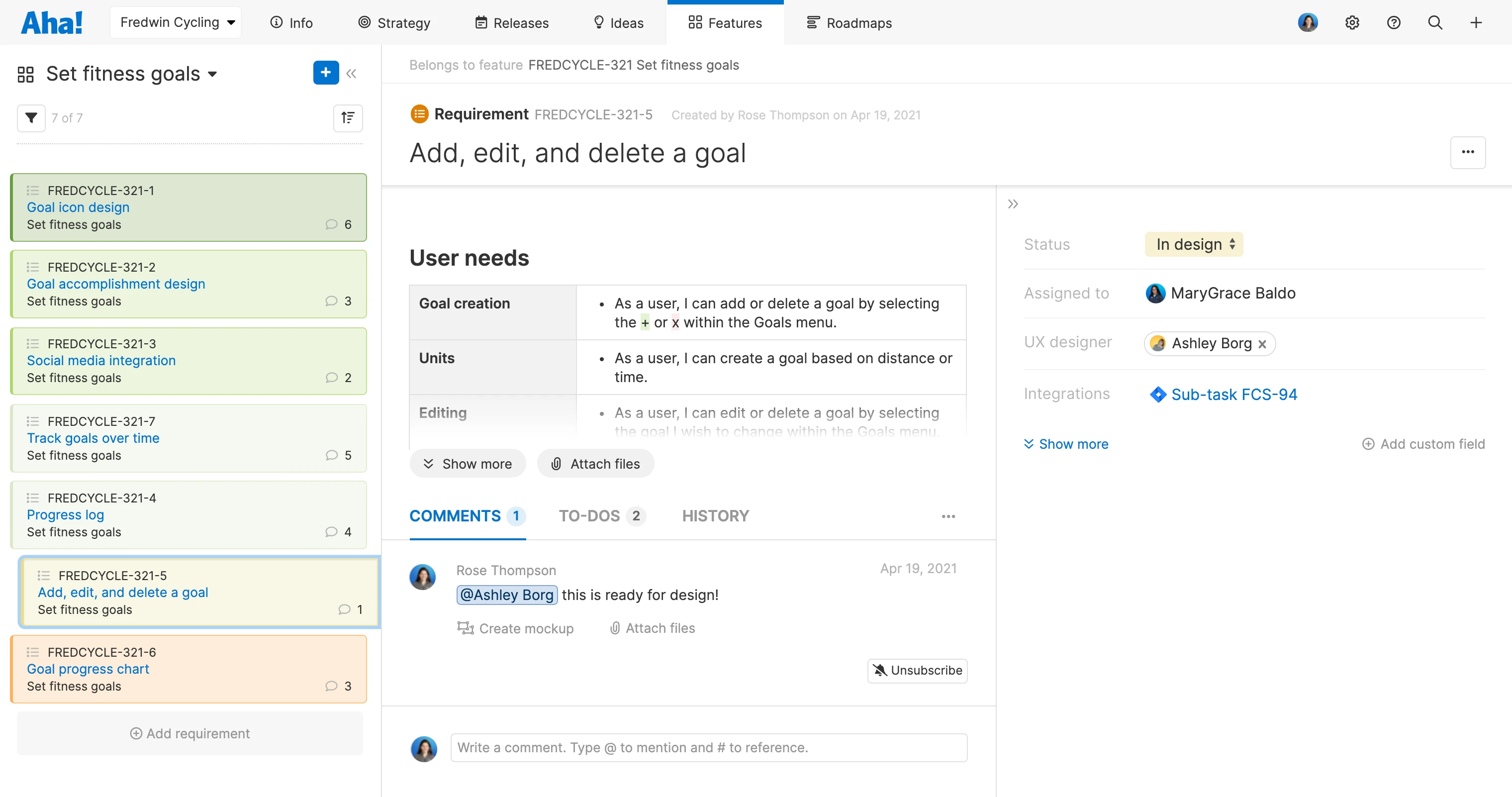Requirements details view with requirements sidebar expanded