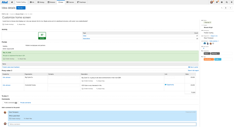 Linked Salesforce opportunities appear on the idea in Aha! as a proxy vote with the opportunity value and customer details