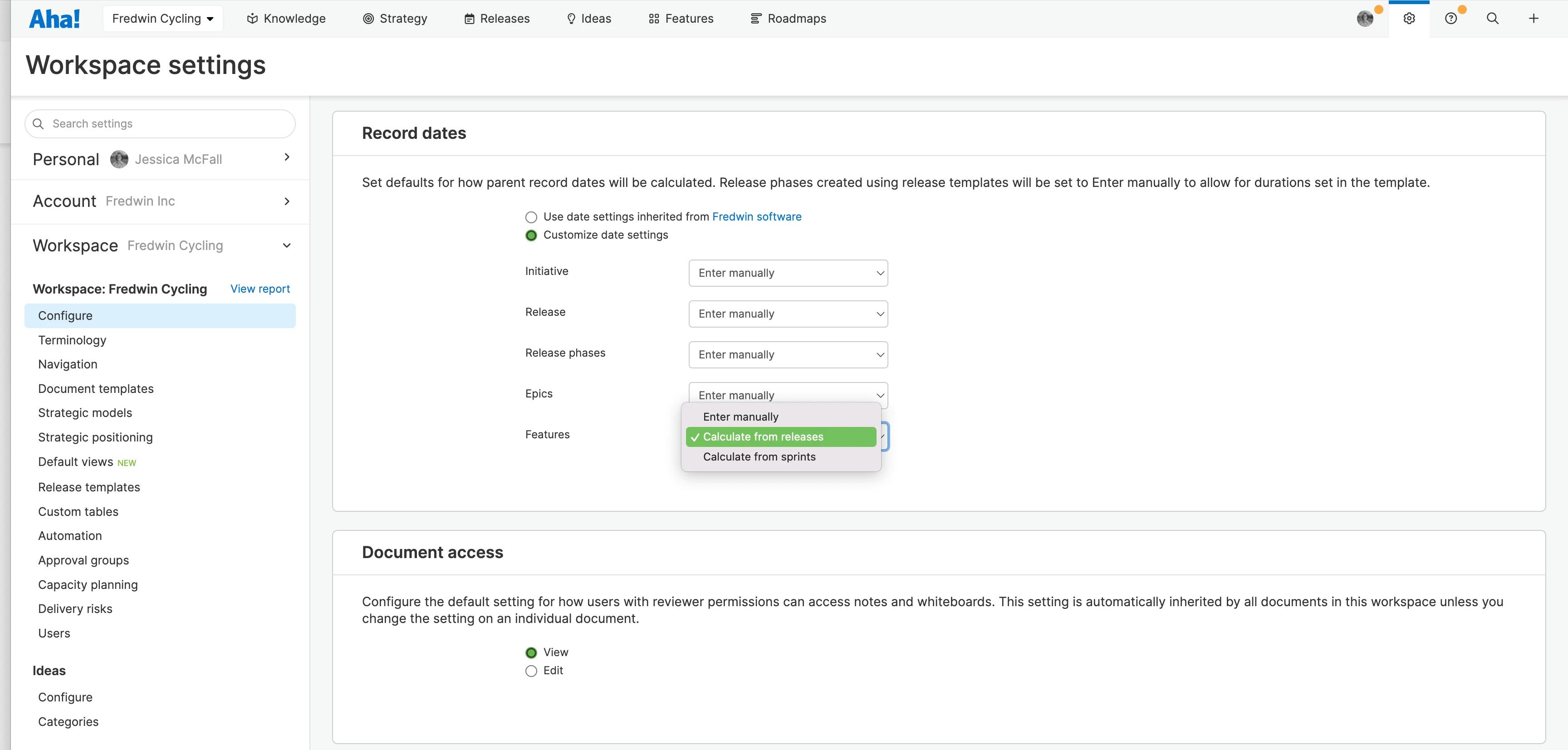 Record dates settings in Aha! roadmaps with Features configured to calculate by release
