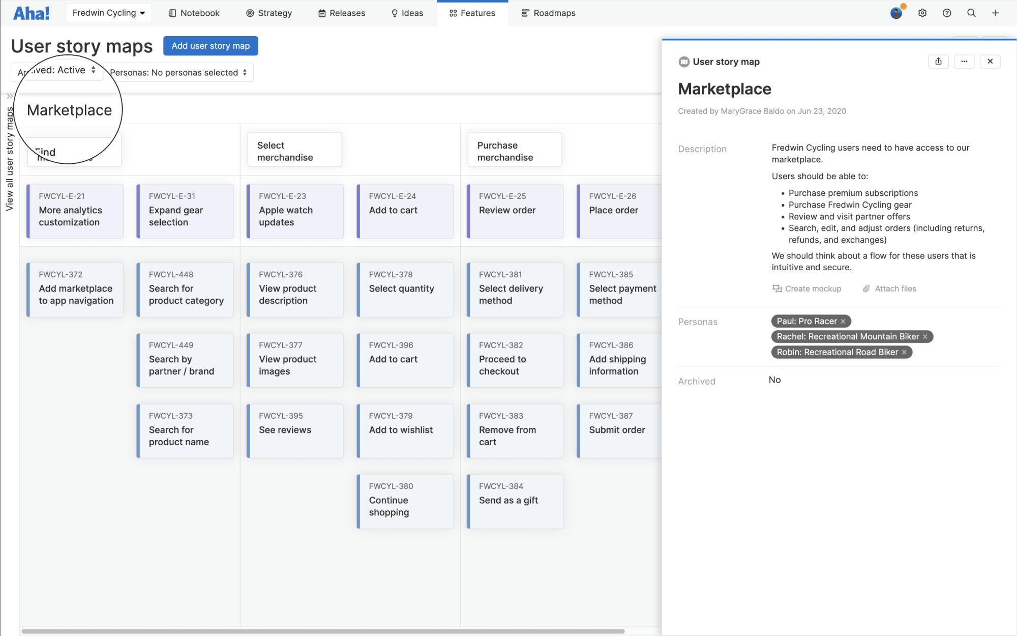 User story map with details drawer in Aha!