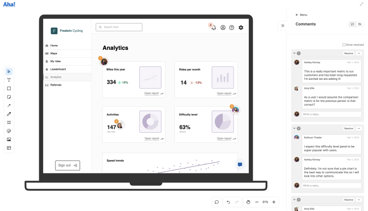 An analytics dashboard wireframe in Aha! software with the comment section open