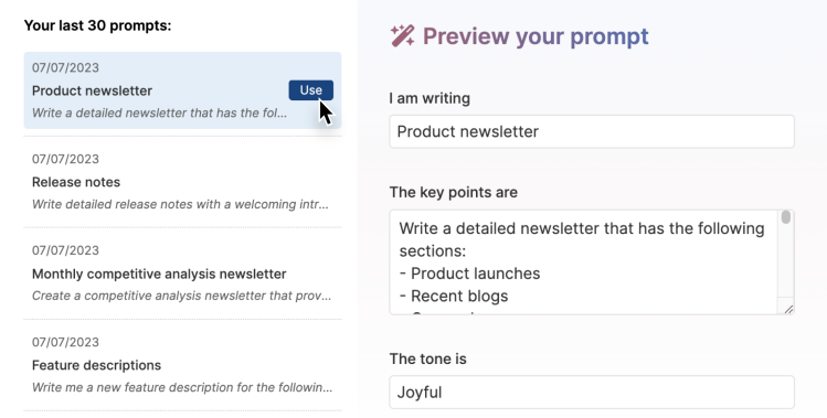 Access Your Previous Prompts in the AI Writing Assistant