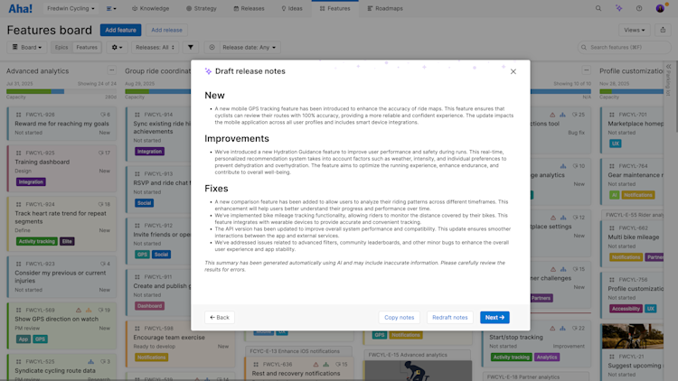AI drafted release notes in Aha! Roadmaps