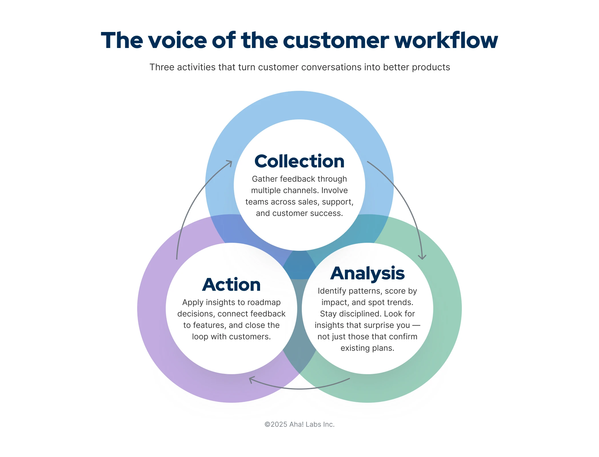 A graphic showing the circular voice of the customer workflow. It includes information on collection, analysis, and action.