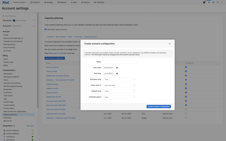 The add capacity planning scenario modal in the account customization settings.