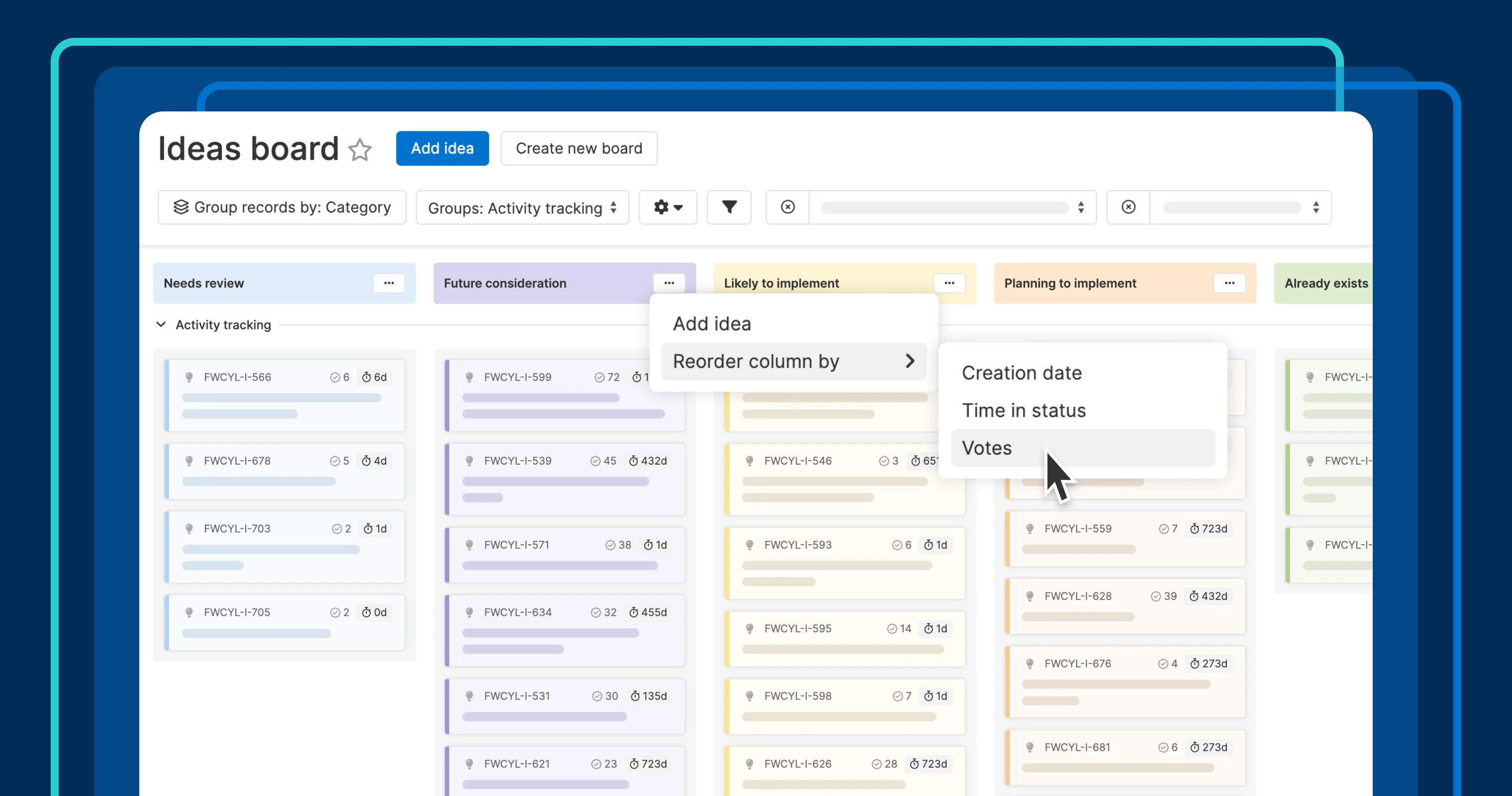 an image of the ideas board. It has many ideas with 5 status columns. A reorder column menu is open with "votes" selected