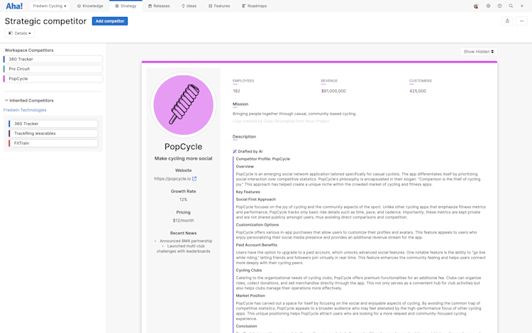 Strategic competitors in Aha! Roadmaps