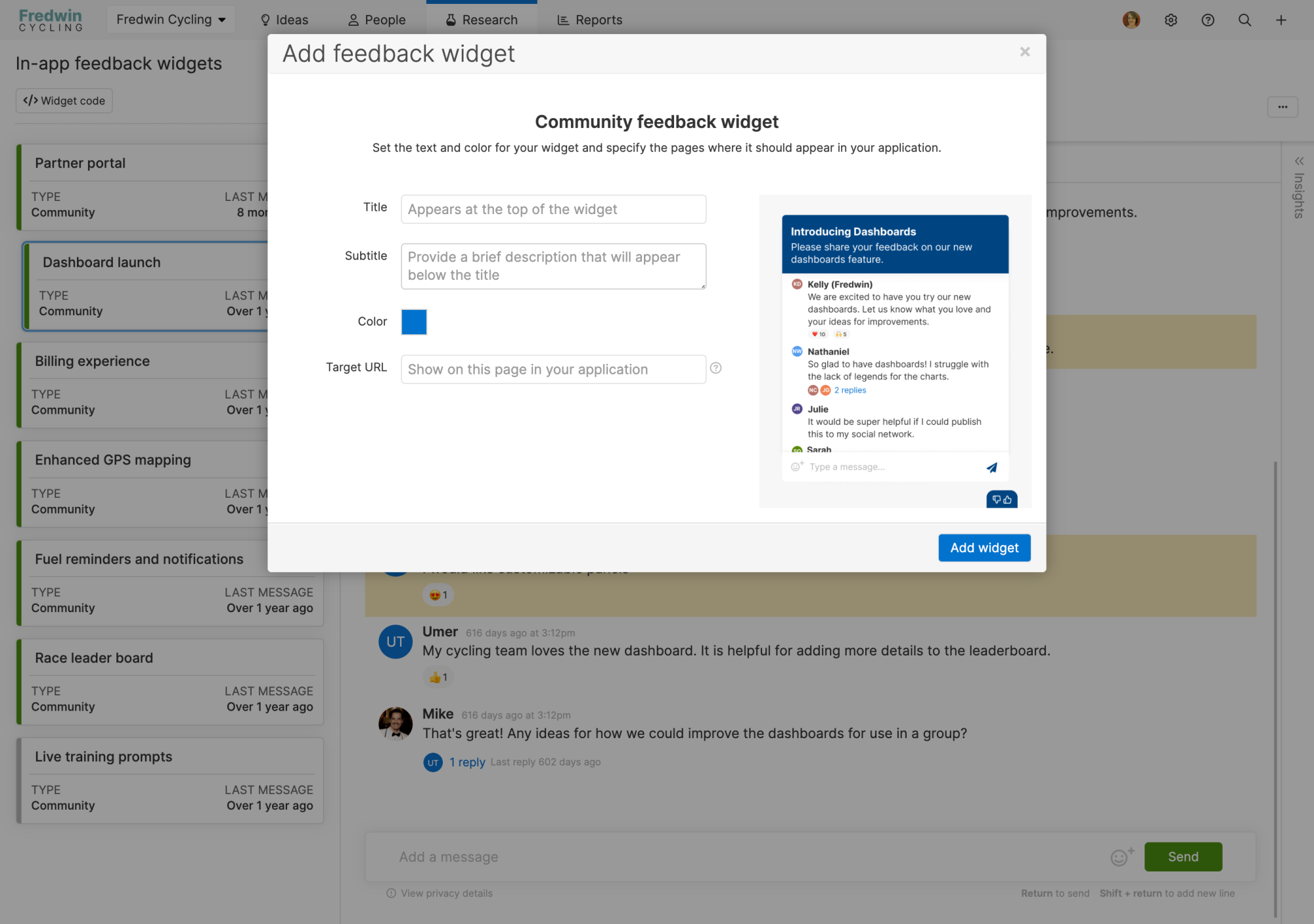 The Add feedback widget modal in front of a feedback widget details view.