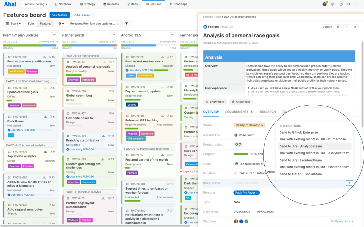 Features board with feature drawer view open and highlight over the multiple active integrations.