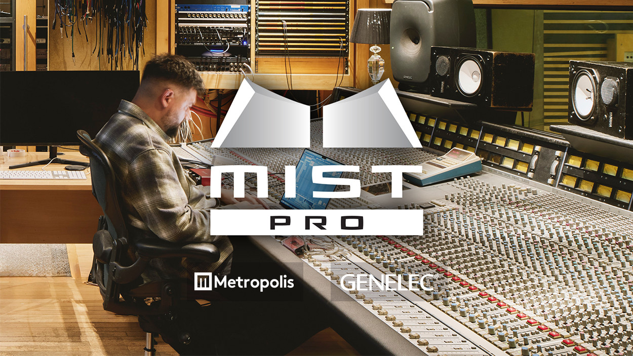 Engineer working at a large mixing console in Metropolis Studios in London, with Genelec studio monitors visible in the background. The image features the MIST Pro, Metropolis and Genelec logos.