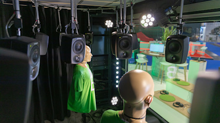 Sixteen Genelec 4420 Smart IP loudspeakers arranged in two overhead circles enable realistic 3D sound reproduction.