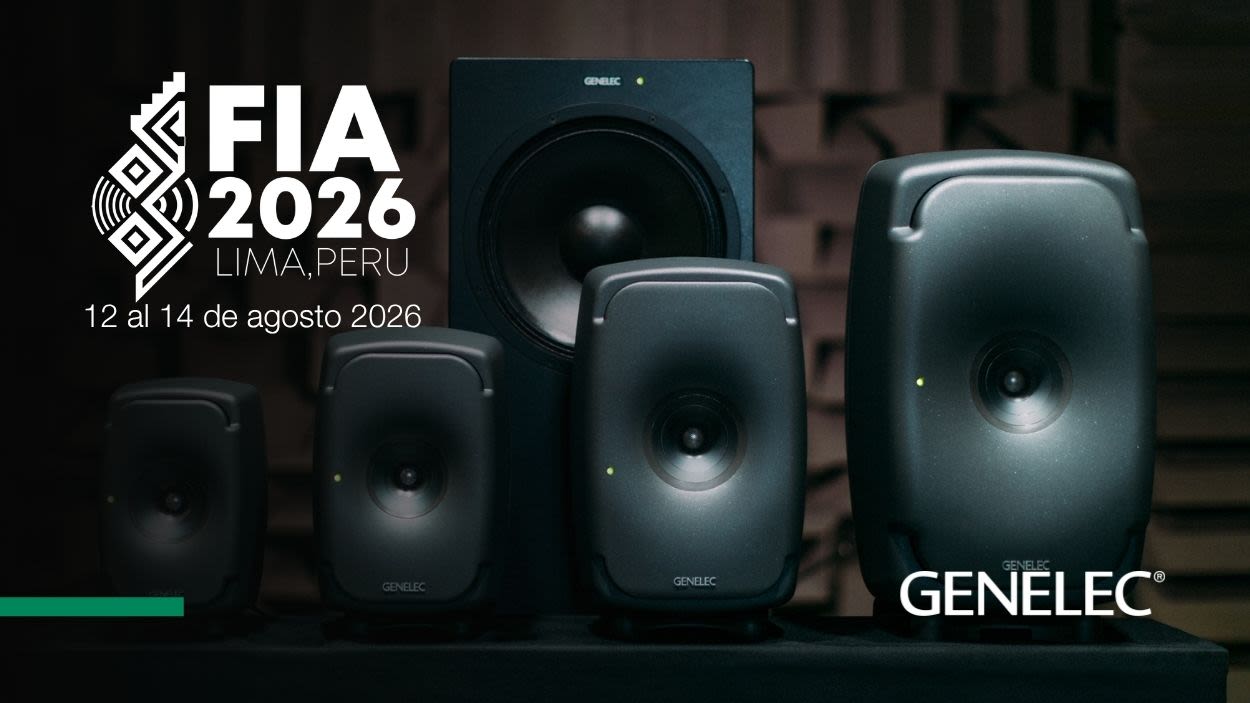 Genelec professional studio monitors displayed at FIA 2026 in Lima, Peru, taking place 12–14 August 2026.