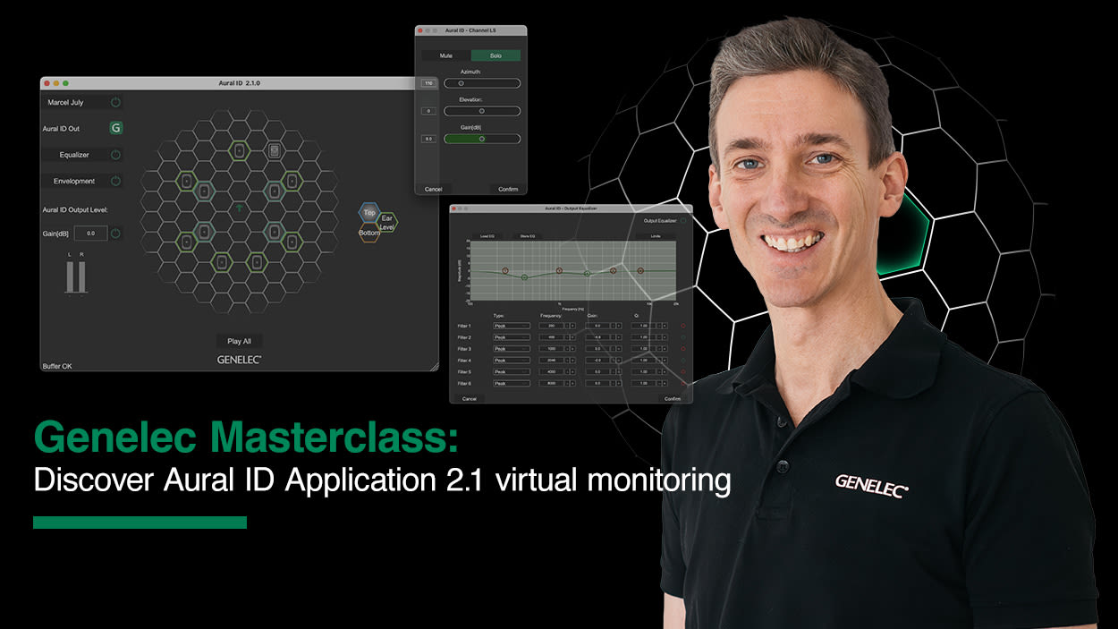 Promotional banner for the Genelec Masterclass: Discover Aural ID Application 2.1 virtual monitoring. The image features Genelec expert Marcel Schechter alongside screenshots of the Aural ID 2.1 software interface.