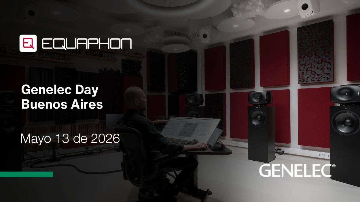 Promotional banner for Genelec Day Buenos Aires on May 13, 2026, featuring an acoustically treated studio with red wall panels, a person working at a mixing desk, and Genelec studio monitors displayed, alongside the Equaphon and Genelec logos.