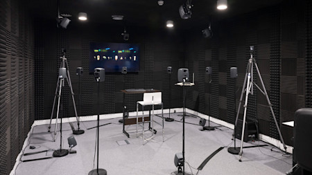 The 16-speaker Ambisonics Soundlab, equipped with Genelec 8010 nearfield monitors and a 7050 subwoofer.