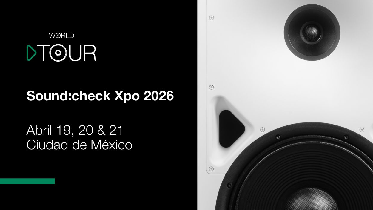 Black-and-white event banner for Genelec’s 8380 World Tour announcing “Sound:check Xpo 2026” in Mexico City on April 19, 20 & 21, with a close-up photo of the 8380 monitor