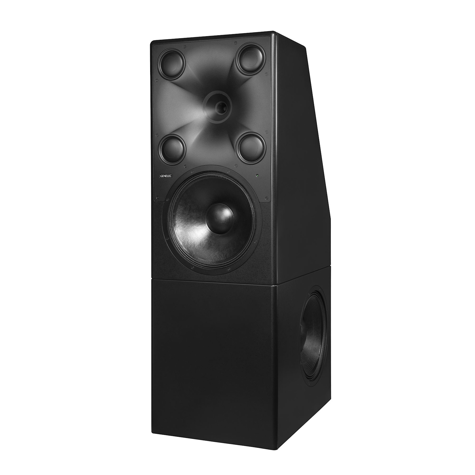 Genelec 8381Aの同軸MF/HF、4基のMF、前面と側面のLFを示す公式製品写真
