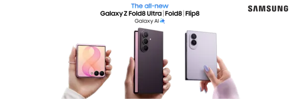 Samsung Galaxy Z Flip8 foldable phones each held in a hand, featuring Galaxy AI technology.