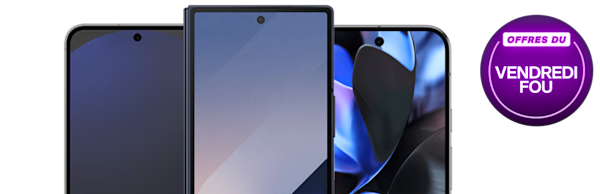 Trois téléphones intelligents placés côte à côte.Un rondel indique « Offres du Vendredi fou »