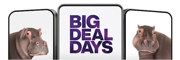 Three smartphones: the center phone displays "Big Deal Days," flanked by a smartphone on each side, each containing a hippo.