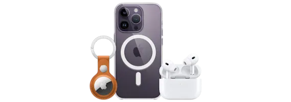 Présentation d’un AirTag d’Apple, d’un iPhone avec étui MagSafe et d’écouteurs AirPods blancs.