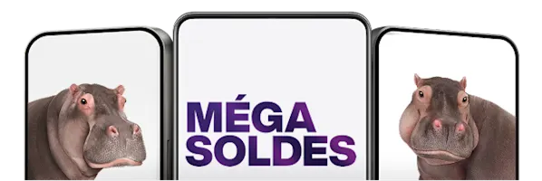 Trois téléphones intelligents : celui du centre affiche « MEGA SOLDES », tandis que les 2 autres montrent chacun un hippopotame.