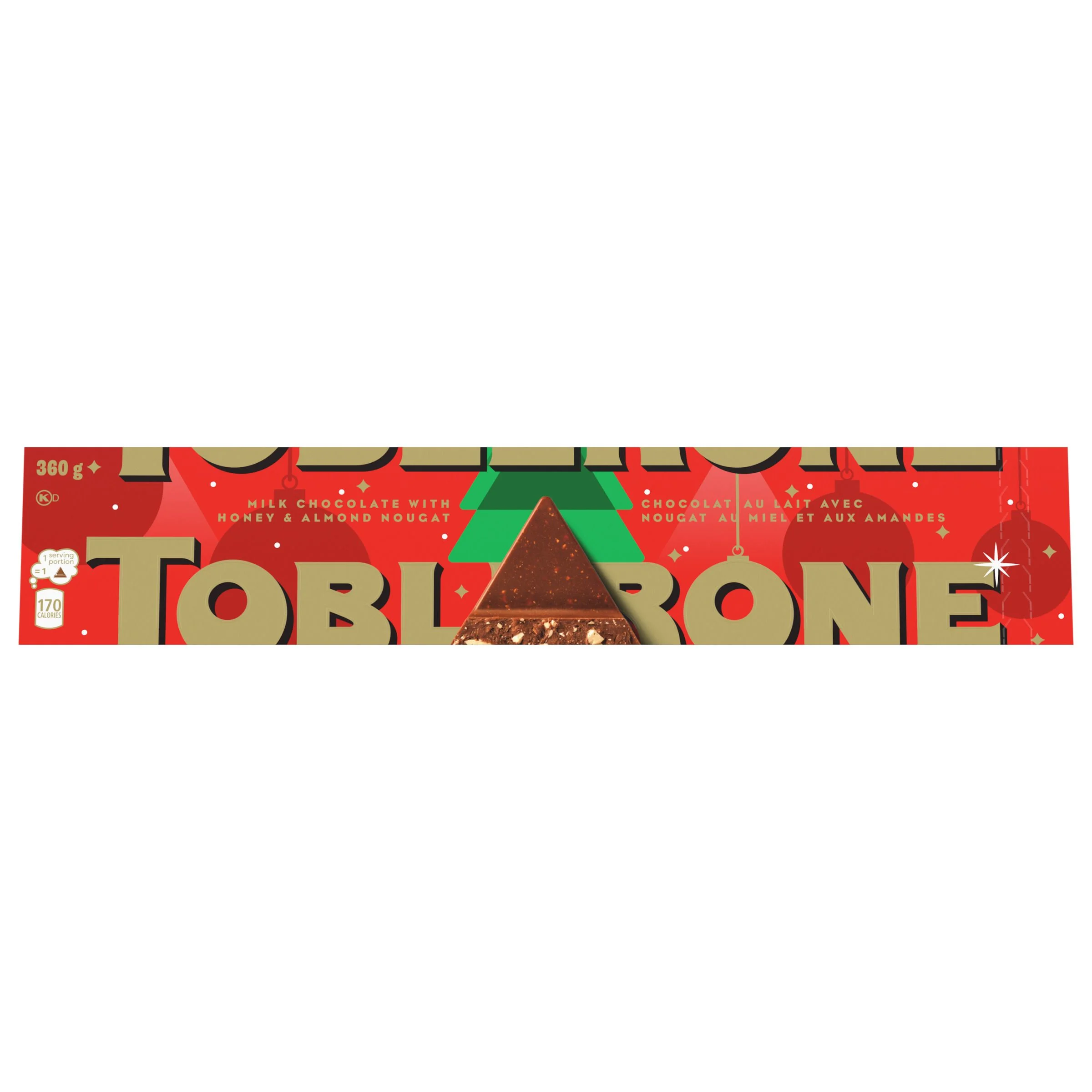 TOBLERONE MILK CHOCOLATE WITH HONEY AND ALMOND NOUGAT BAR, FESTIVE (360 G)
