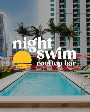 Miami rooftop pool area with night swim rooftop bar branding